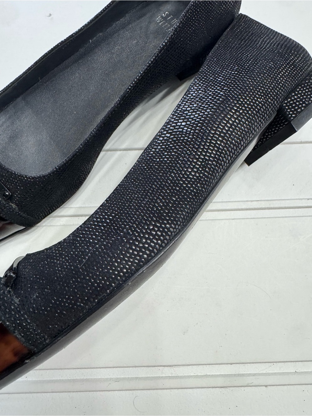 Stuart Weitzman Women’s Size 7.5 Black Square Tortoise Toe Mary Jane Loafers - Picture 2 of 9
